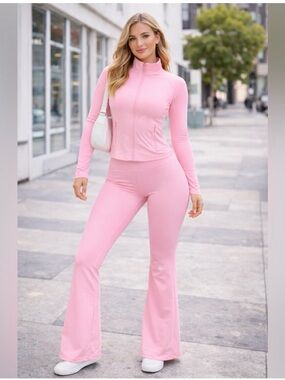 High-Waist Pink Flared Track Pants & Zip Jacket Set NWOT large
